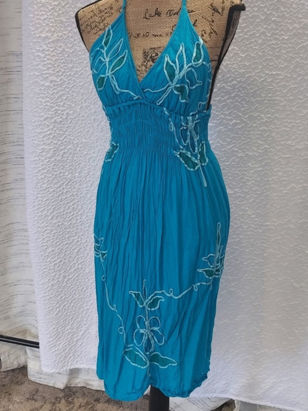 Turquoise Floral Embroidered V-Neck Sundress/ Pool Coverup